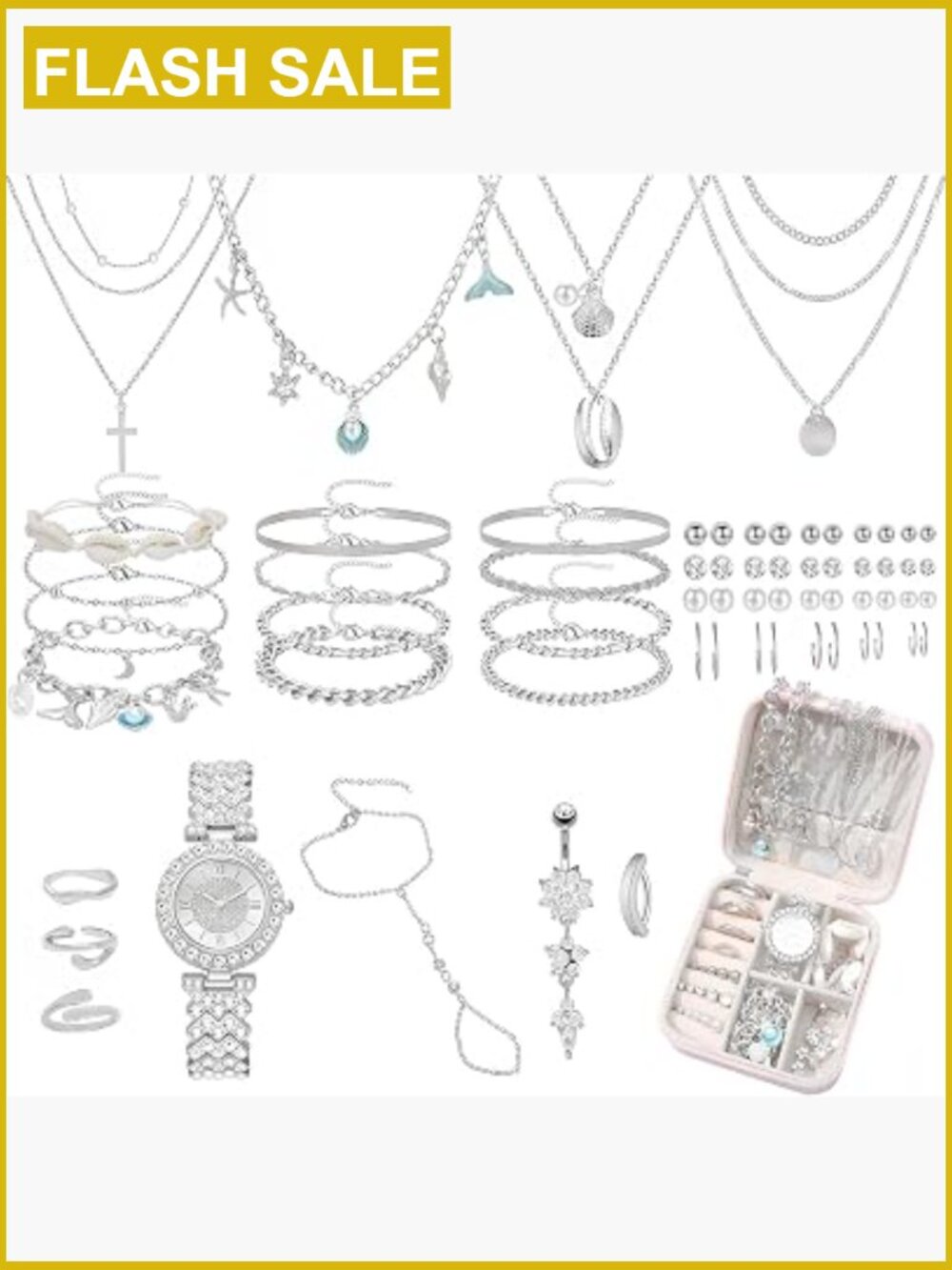 69 Piece Gold Jewelry Set with Necklace Bracelet Watch Rings Earrings
